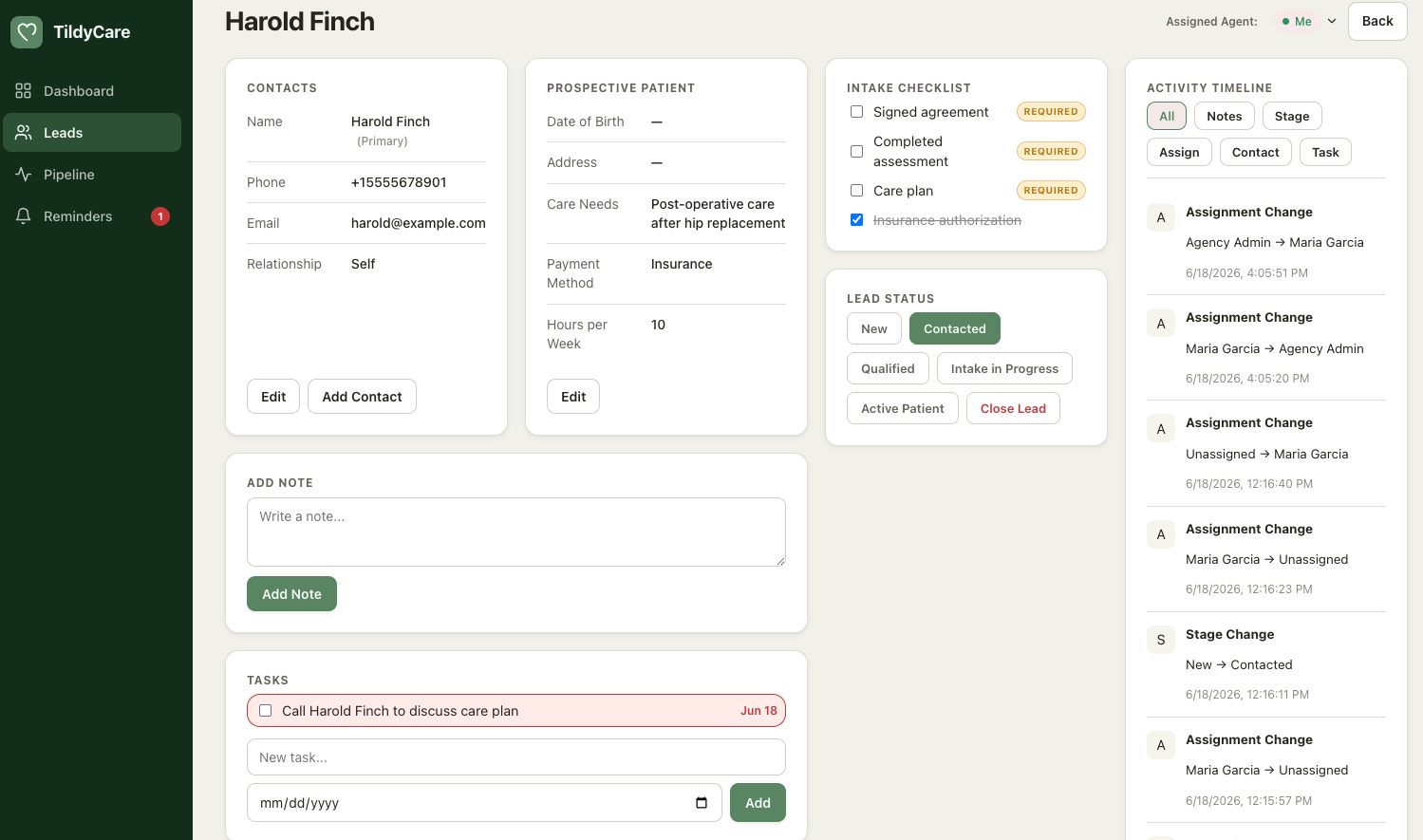 TildyCare lead detail page showing a timeline of notes and updates for a family