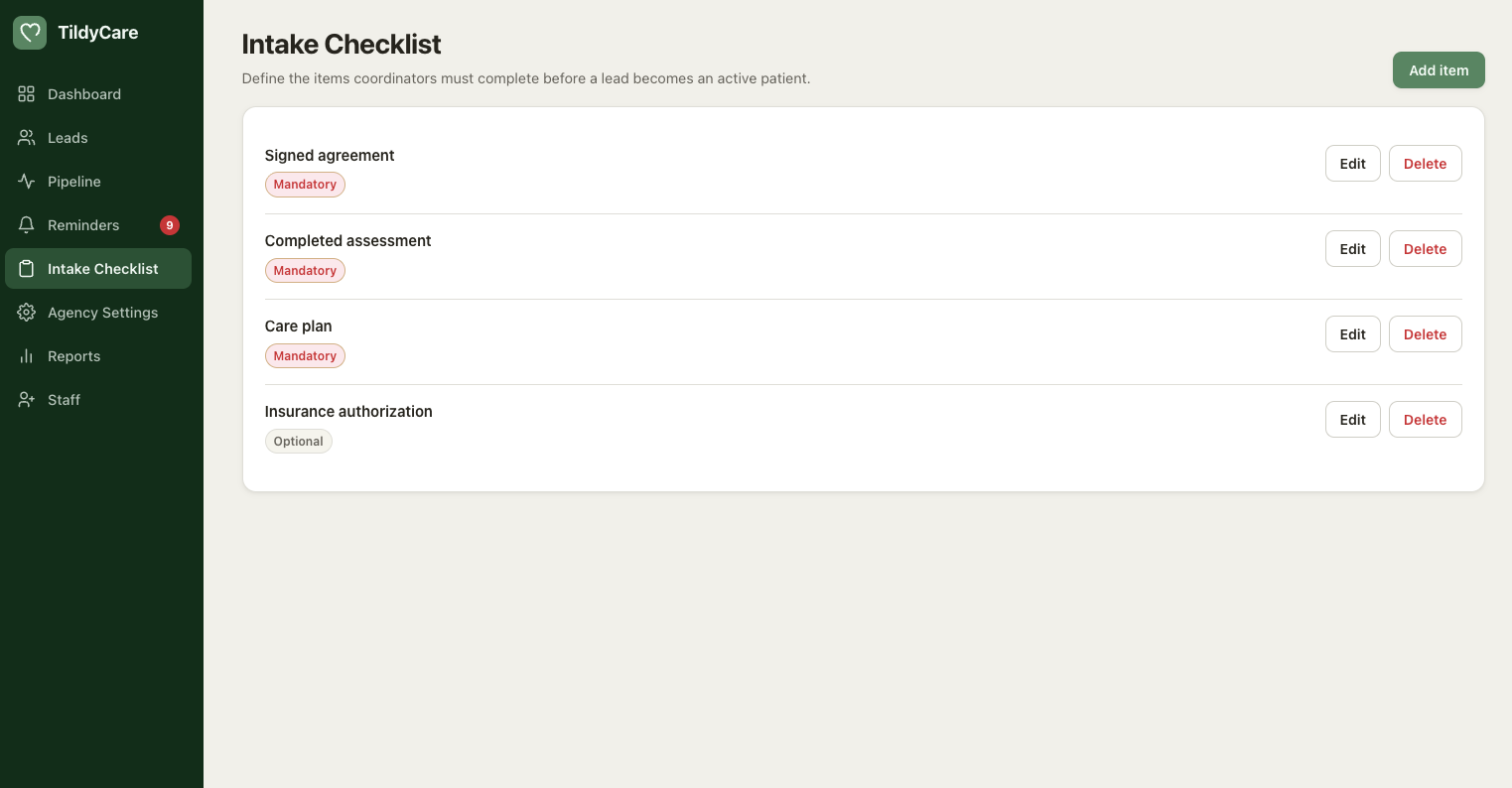 TildyCare intake checklist showing required steps before a lead becomes a patient