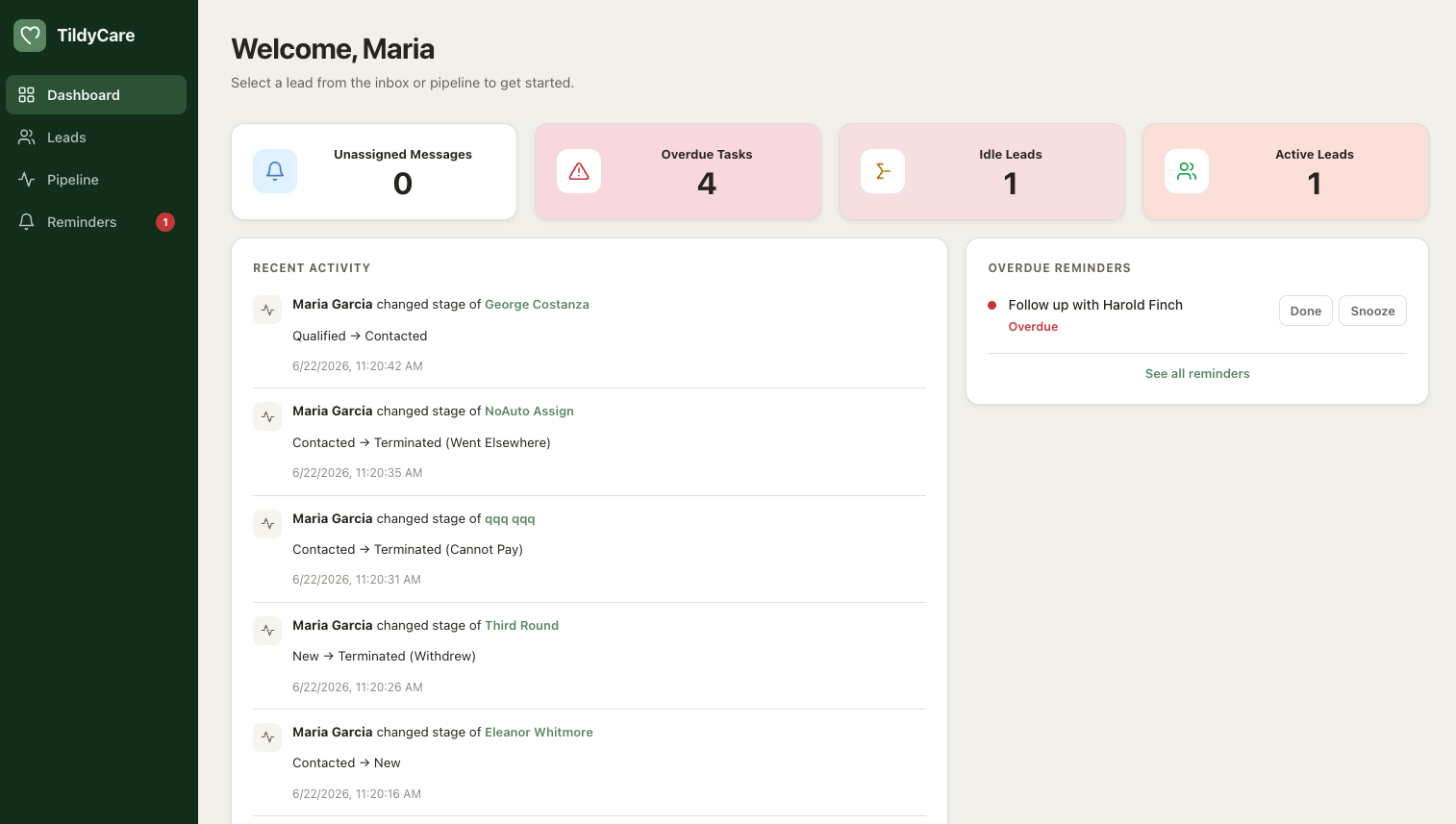 TildyCare lead timeline showing texts, calls, and emails in one thread